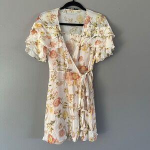 Zara‎ Woman Chiffon Silk Mini Wrap Dress Ivory Floral SZ SMALL